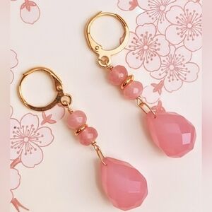 Sparkling Natural Pink Jade In Gold Plated Statement Beautiful Drop Earrings